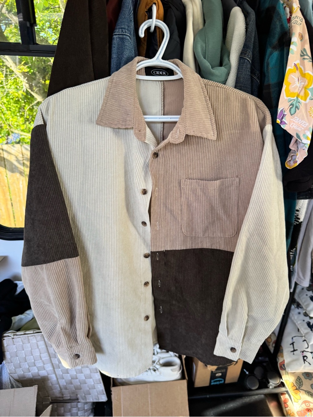 Cider Patchwork Ribbed Top in Beige & Brown